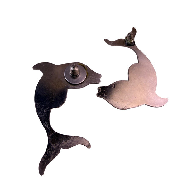 Metallic Dolphin Shaped Earrings Silver Tone Stainless Post Lightweight Design