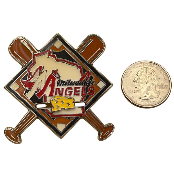 Milwaukee Angels Baseball Team Lapel Pin With Crossed Bats & Cheese Logo