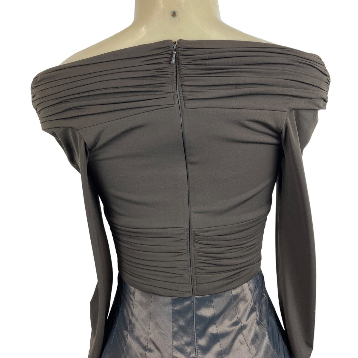 Tadashi Off-The-Shoulder Ruched Long Sleeve Dress With Shiny Full Skirt Sz 2