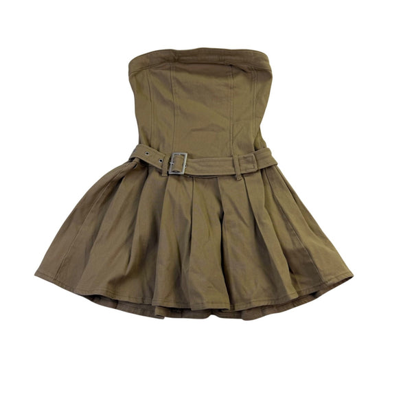 Francescas Womens Khaki Cotton Strapless Belted Dress Pleated Casual Chic Sz XS 