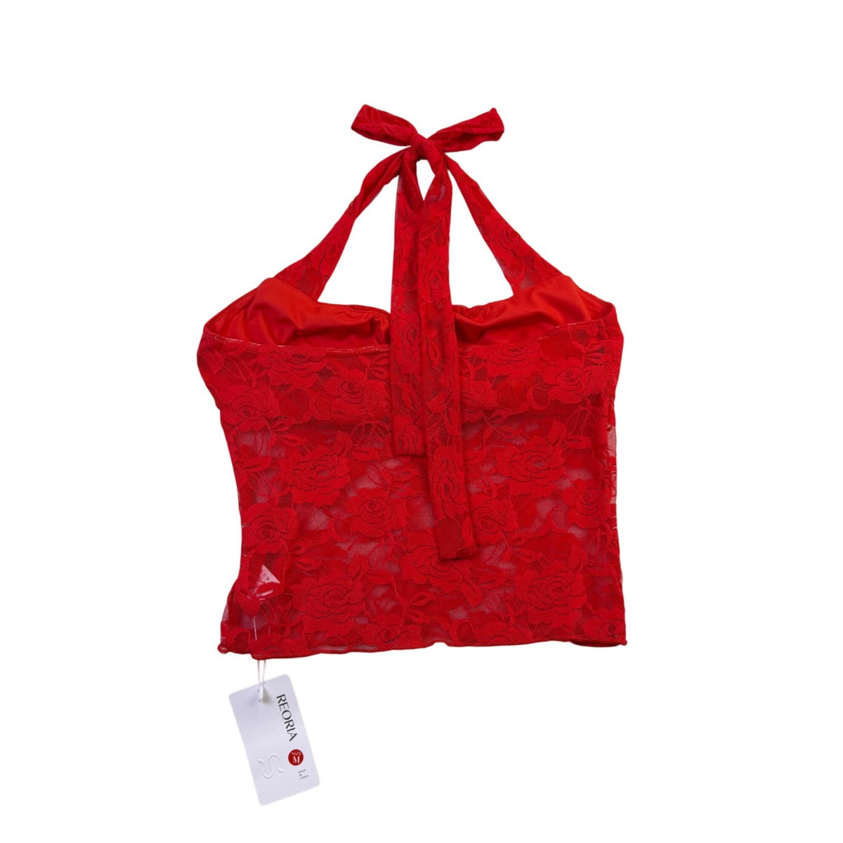 Reoria Womens Red Lace Halter Top Sheer Floral Tie-Neck Camisole Size M