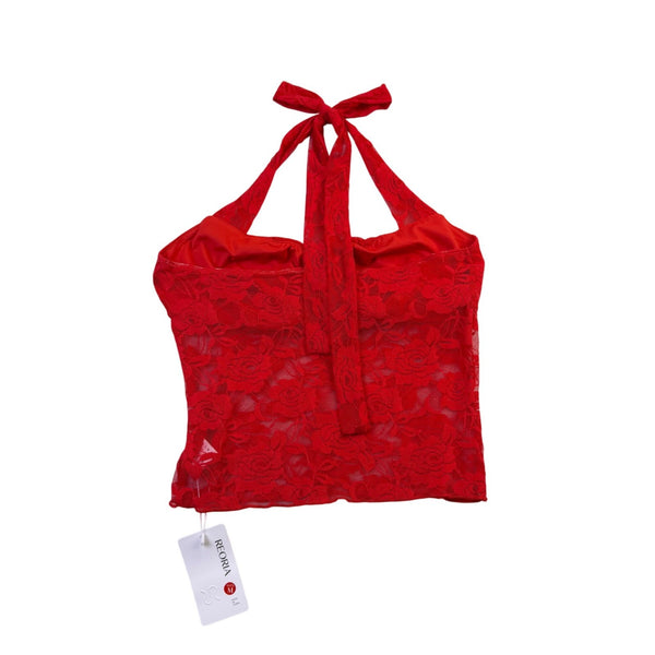 Reoria Womens Red Lace Halter Top Sheer Floral Tie-Neck Camisole Size M