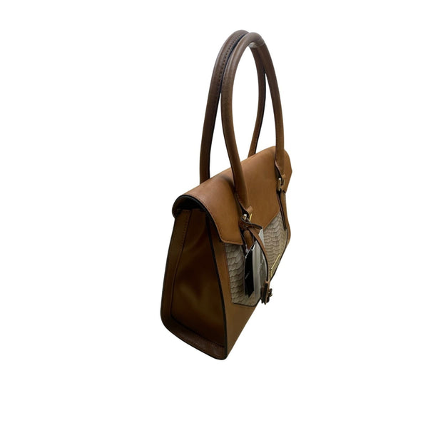 London Fog Women’s Brown Faux Leather Taupe Snake Print Tote Bag - New