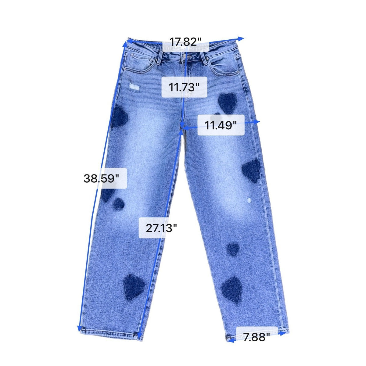 Risen Womens Blue Cotton Heart-Printed Straight-Leg Denim Jeans Size 11