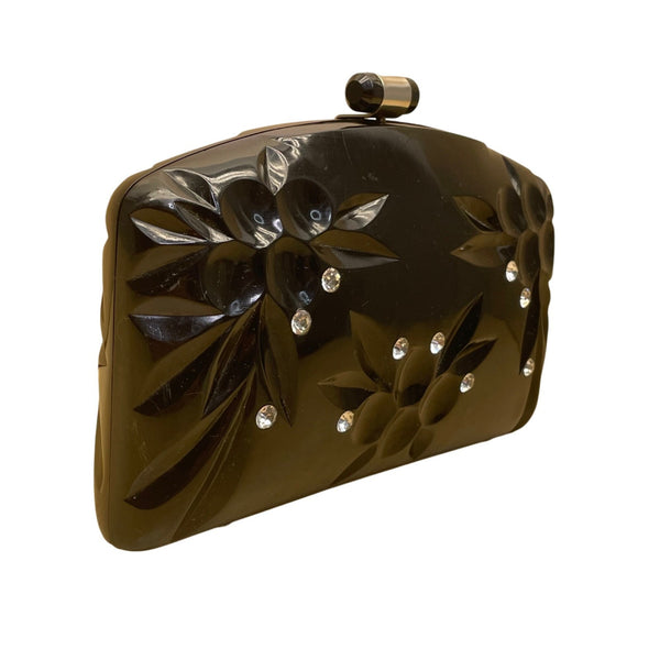 Vintage Women’s Black Acrylic Floral Embellished Snap Closure Evening Clutch