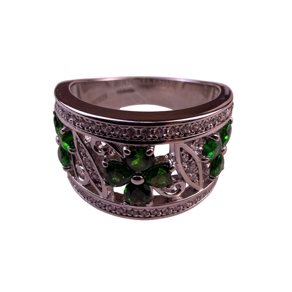 Sterling Silver Womens Green Gem Clover Pattern Band Ring Intricate Design Sz 8