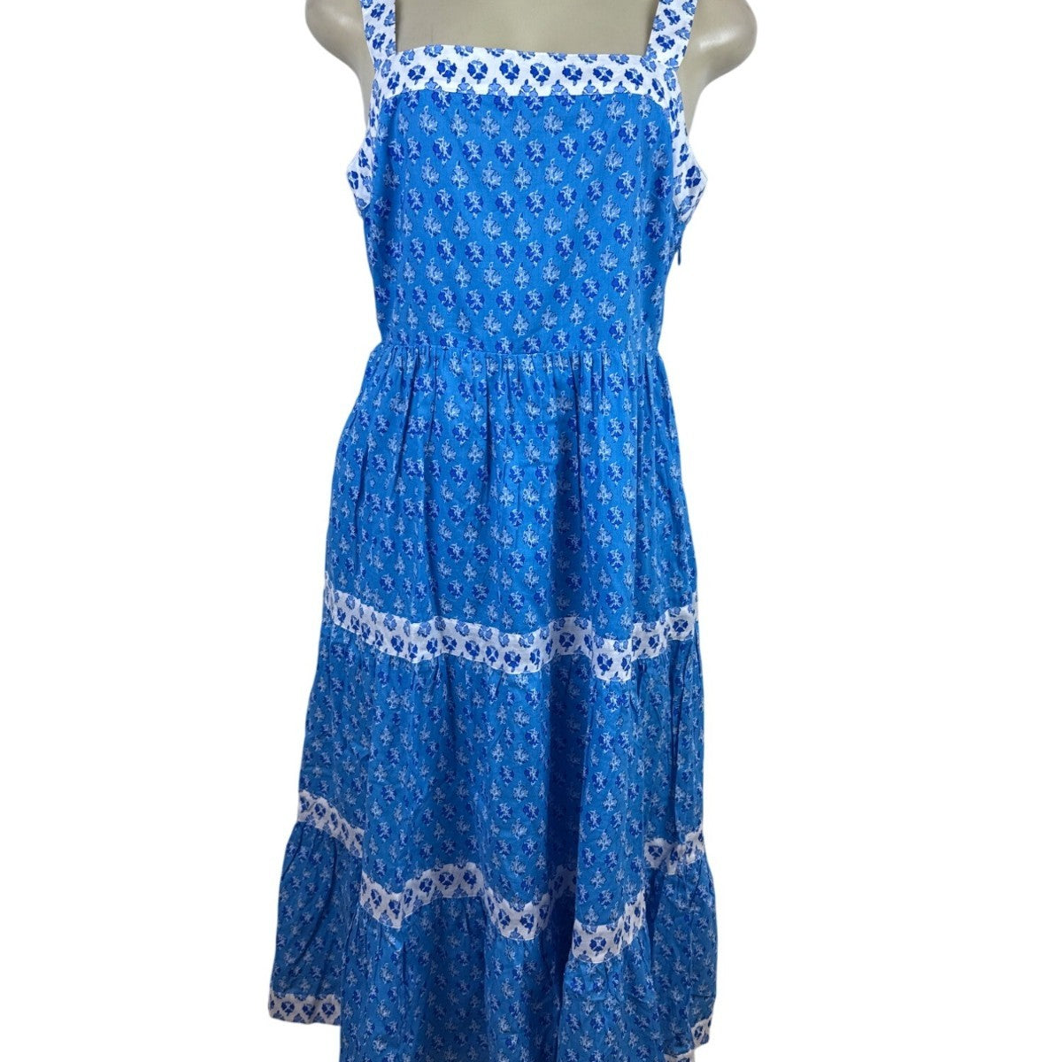 J.Crew Blue & White Floral Sleeveless Square Neck Dress W/ Lace Trim Sz 6 - New