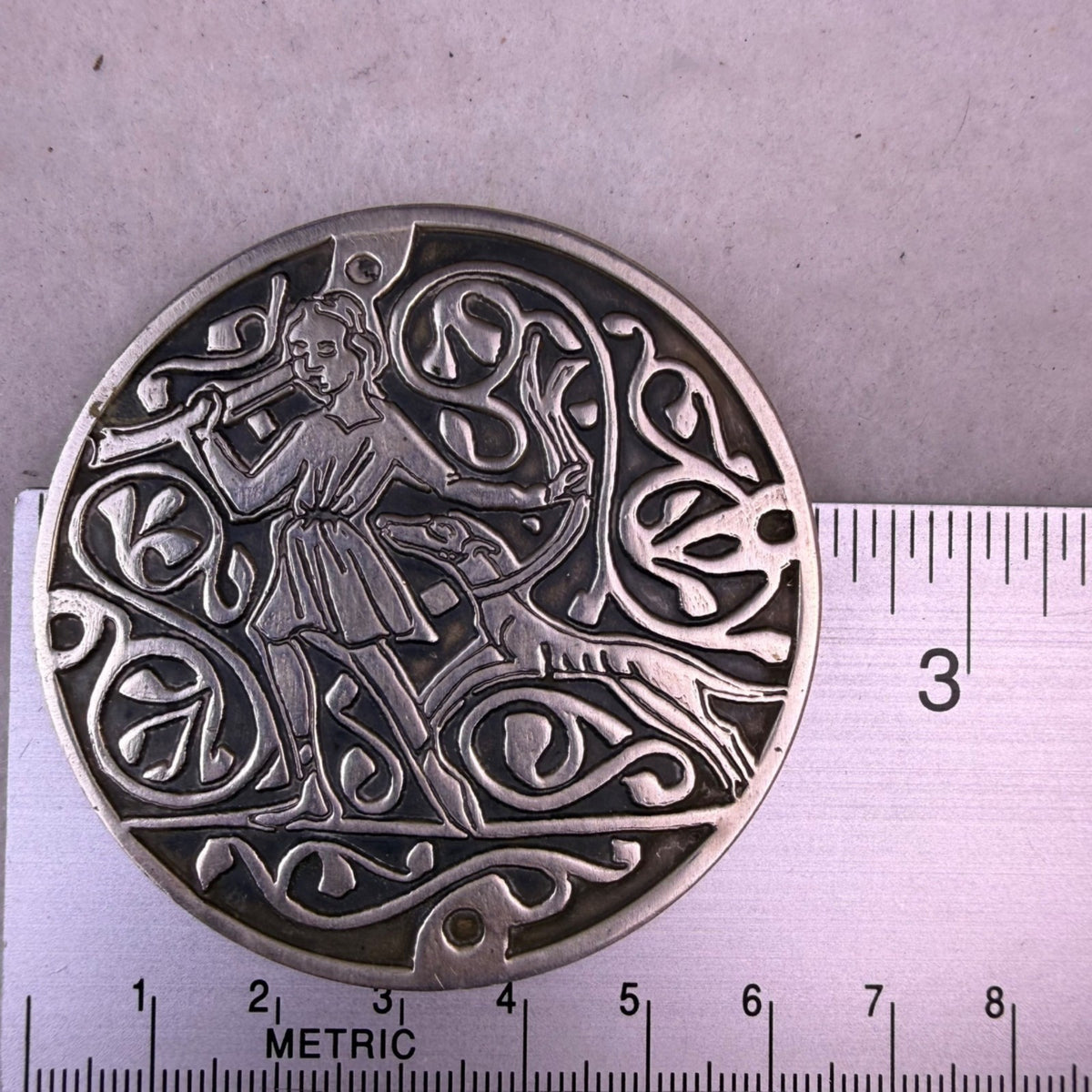 Mma Sterling Silver Round Pin/Pendant Vintage Boy & Dog Art Nouveau Engraving