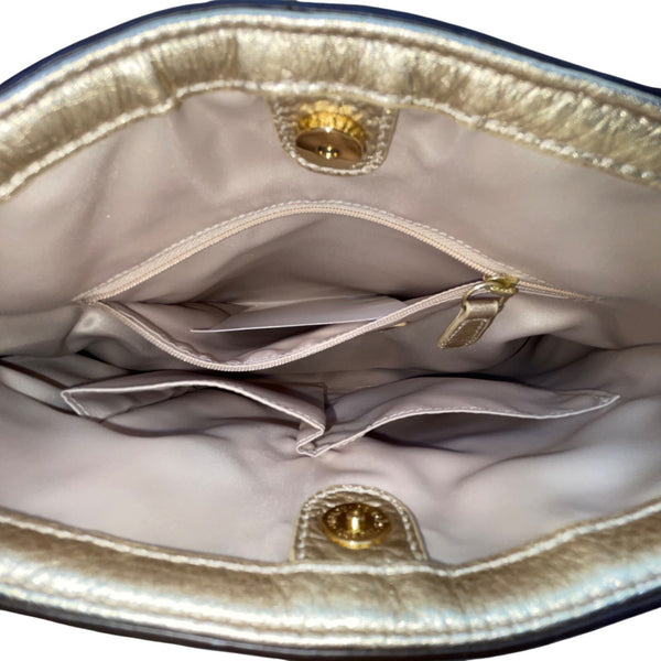 Coach Women’s Gold Signature Jacquard Leather Trim Adjustable Strap Shoulder Bag