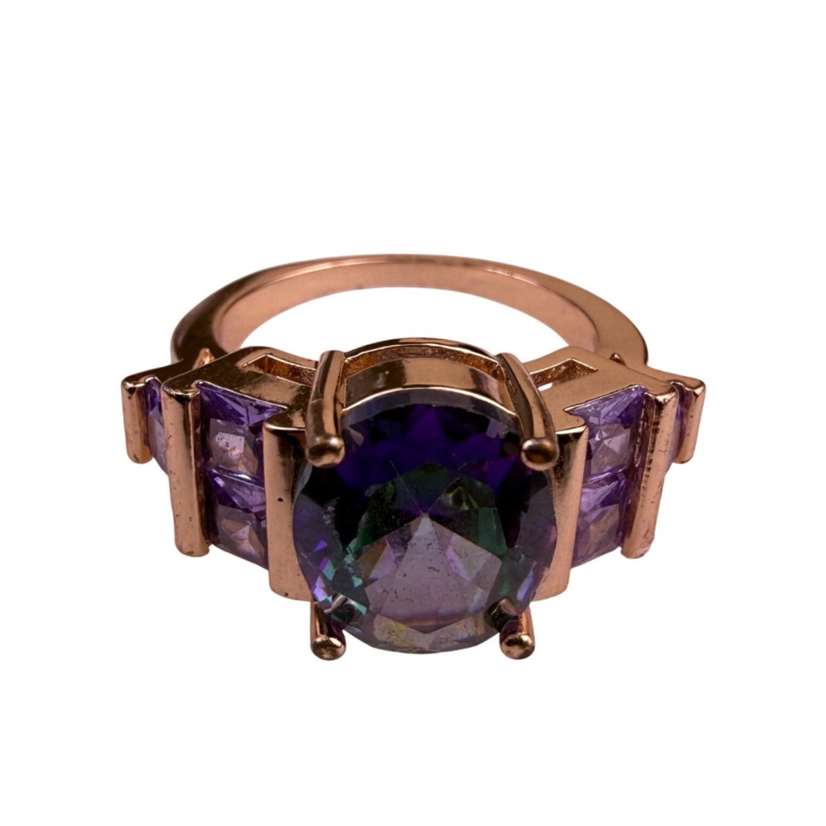 Modern Womens Rose Gold Tone Ring Rainbow Cubic Zirconia Purple Gemstones