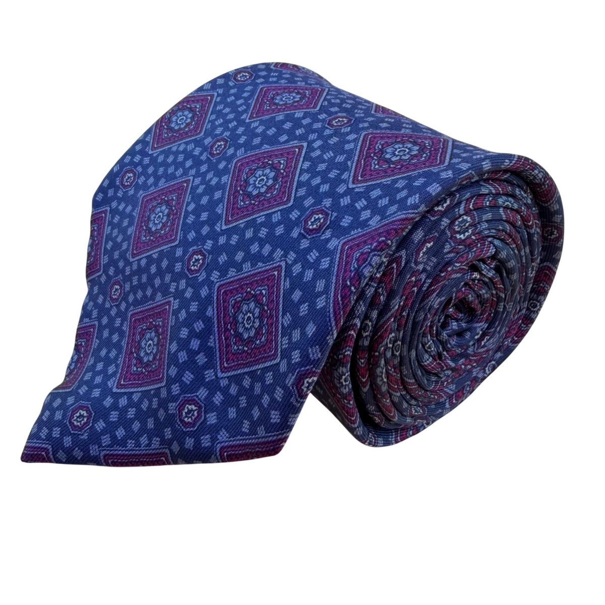 Exclusively Kensington Mens Blue Silk Tie Geometric Diamond Print 100% Silk