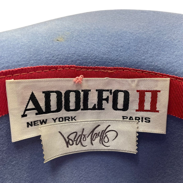 Vintage Adolfo II Womens Light Blue Wool Wide-Brim Hat Floral Accent Retro Style