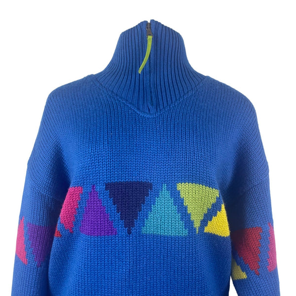 Sos Redline Vintage Unisex Blue Half-Zip Sweater With Triangle Pattern