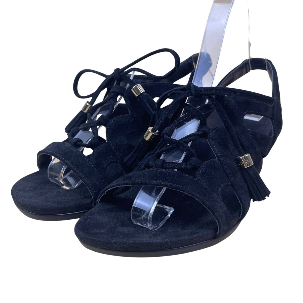 Women’s Black Suede Tassel Strappy Design Kalie Wedge Sandals Size 5