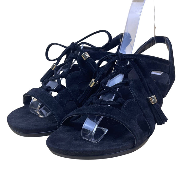 Women’s Black Suede Tassel Strappy Design Kalie Wedge Sandals Size 5