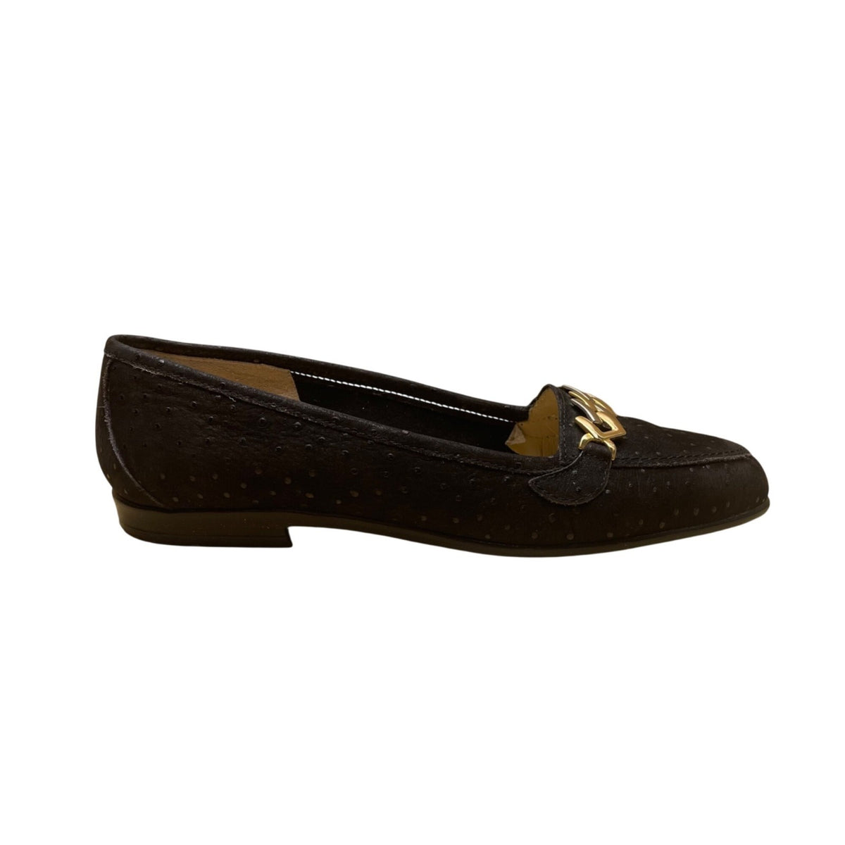 Amalfi By Rangoni Women’s Black Leather Loafers Gold Accent Flat Shoes Size 6.5M