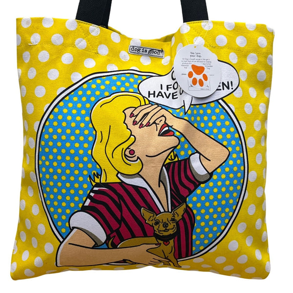 Dog Is Good Women’s Yellow White Polka Dot Canvas "OMG" Graphic Print Tote Bag