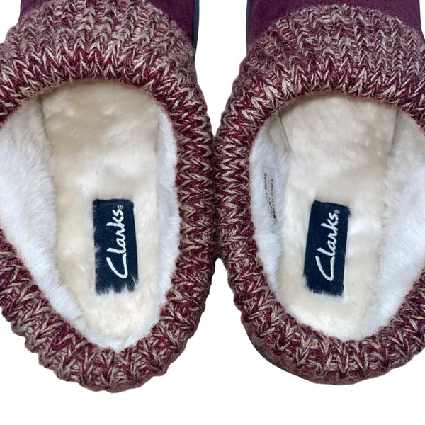 Clarks Women’s Burgundy Knit Cuff With Faux Fur Lining Slippers Size 10M