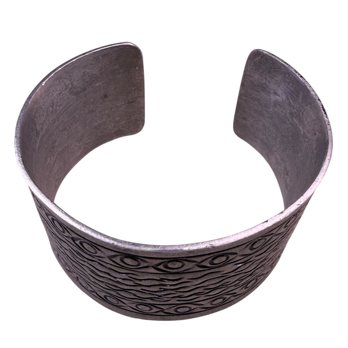 Vintage Unisex Silver Tone Motif Metal Cuff Bracelet Geometric & Wavy Design