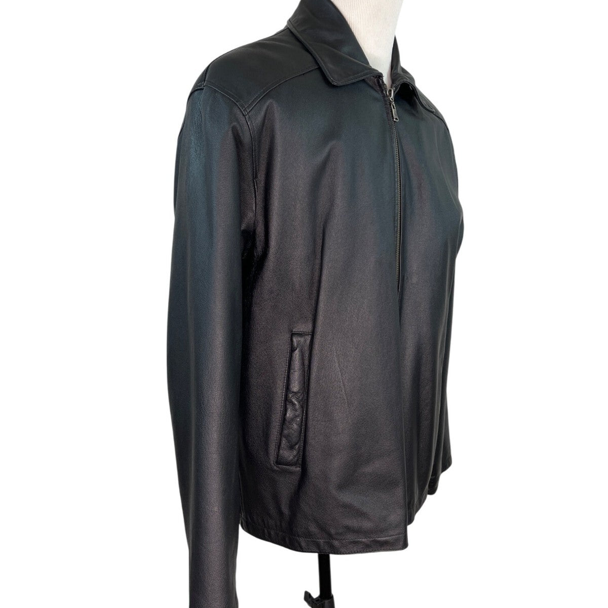 Oil Company Mens Black Leather Jacket With Front Zip & Side Pockets Size L