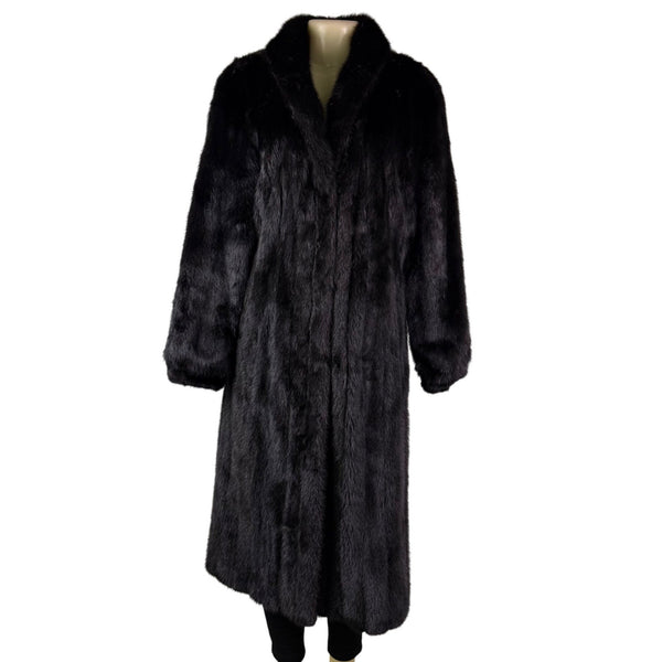 Black Womens Mink Fur Coat Luxury Long Full-Length Button-Up Soft Textured Sz M