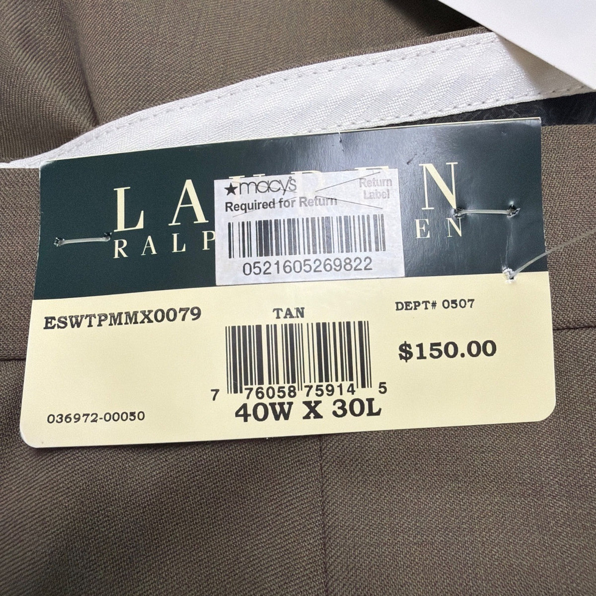 Lauren Ralph Lauren Mens Tan Wool Dress Pants Ultraflex Size 40W X 30L