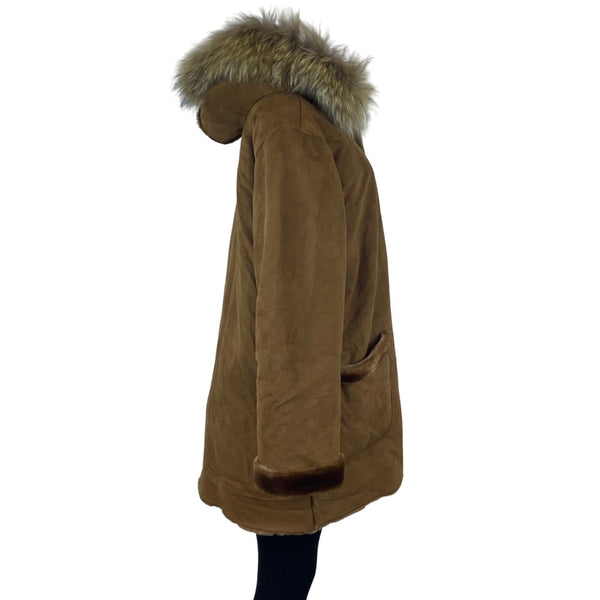 Medison Womens Brown Faux Suede Fur Trim Hooded Winter Coat  Casual Outerwear Sz