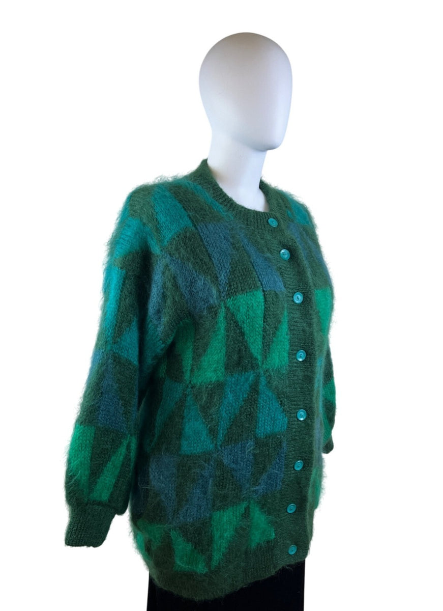 Vitage Mohair Green Geometric Mohair Blend Button-Up Cardigan Sweater Women’s