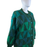 Vitage Mohair Green Geometric Mohair Blend Button-Up Cardigan Sweater Women’s
