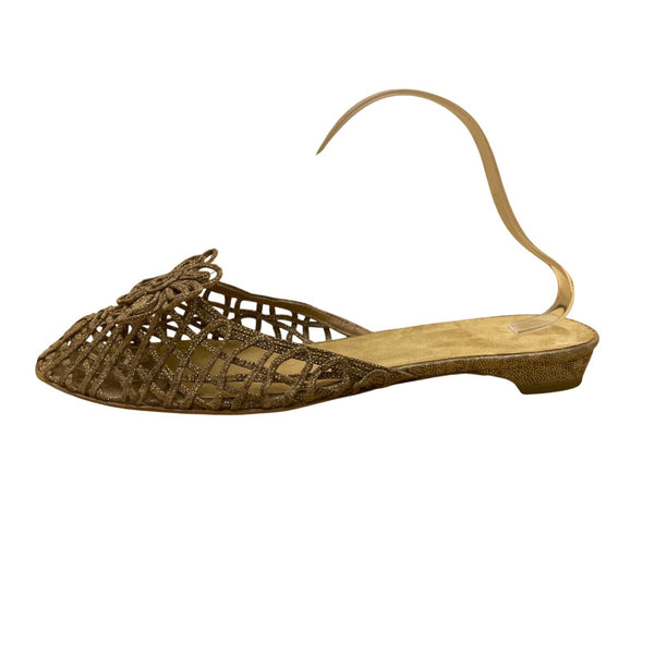 Vintage Stuart Weitzman Women’s Gold Leather Open-Toe Slingback Floral Sandals S