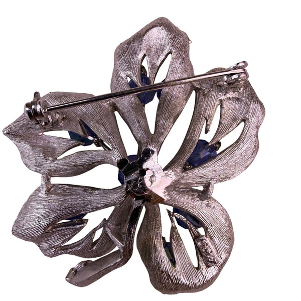 Coro Womens Silver Tone Large Flower Brooch Blue Aurora Borealis Rhinestones