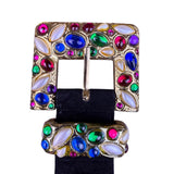 Express Womens Black Leather Belt Gold Jeweled Buckle Sz M