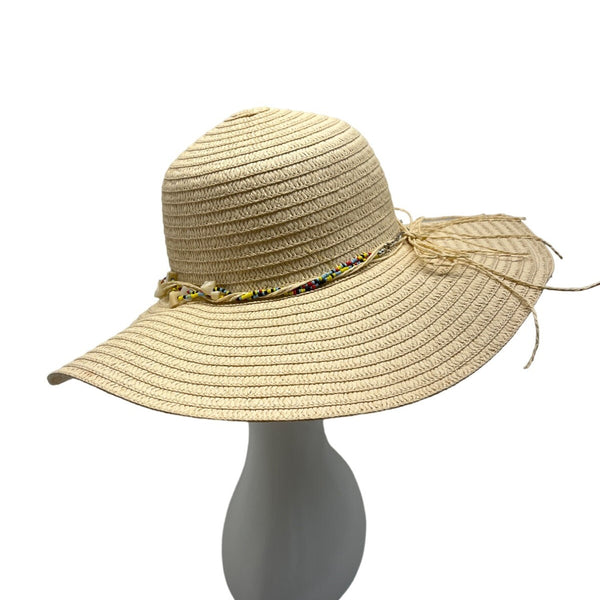 Head Wear Wide Brim Straw Sun Hat With Beaded & Shell Band For Women
