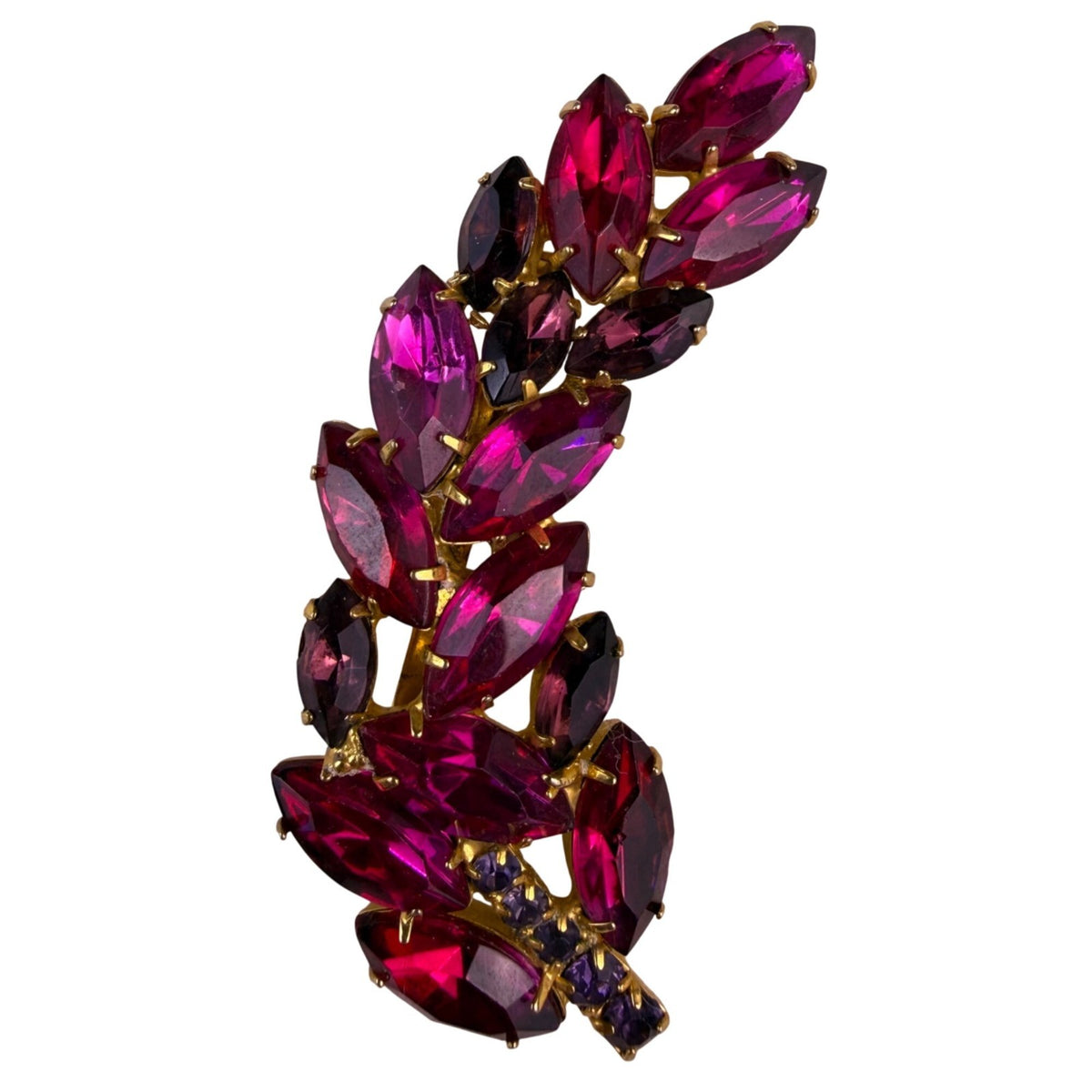 Vintage Art Deco Pink Glass Gold Tone Leaf Brooch Pin Womens Jewelry Gift