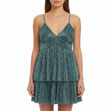 Trixxi Womens Green Metallic Layered Fit & Flare Mini Dress Sz S