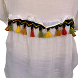 Zac & Rachel Womens White Tassel-Trim Ruffle Blouse  Bohemian Chic Size S