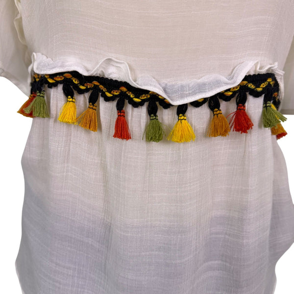 Zac & Rachel Womens White Tassel-Trim Ruffle Blouse  Bohemian Chic Size S