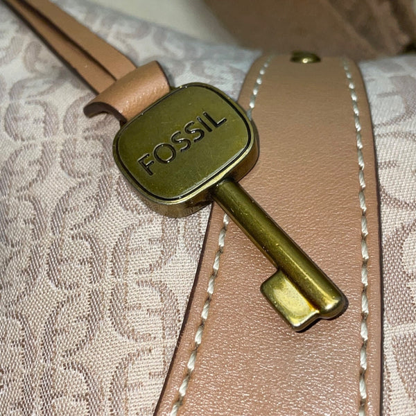 Fossil Women’s Beige Logo Pattern & Brown Leather Trim Adjustable Strap Hobo Bag