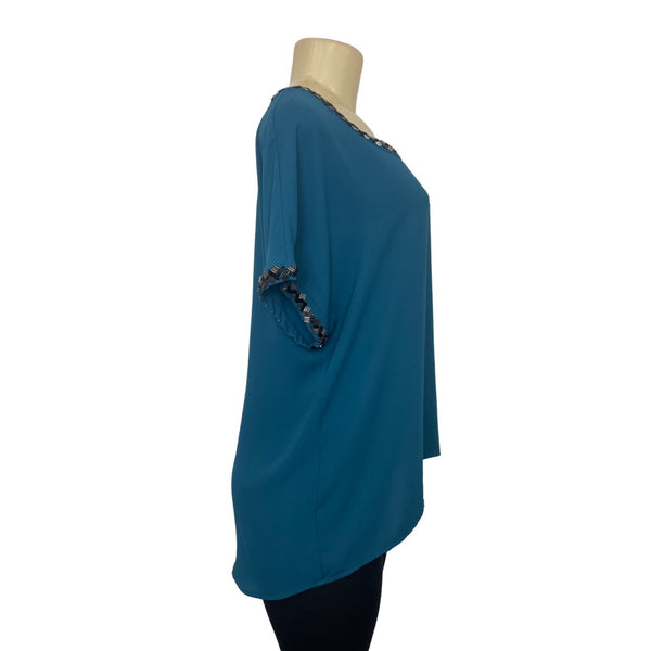 Pleione Women's Blue Blouse Shirt With Bead Accents Sz L- NWT