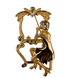 Vintage AJC Gold Tone Woman Vanity Mirror Brooch Signed Ornate Design Jewelry