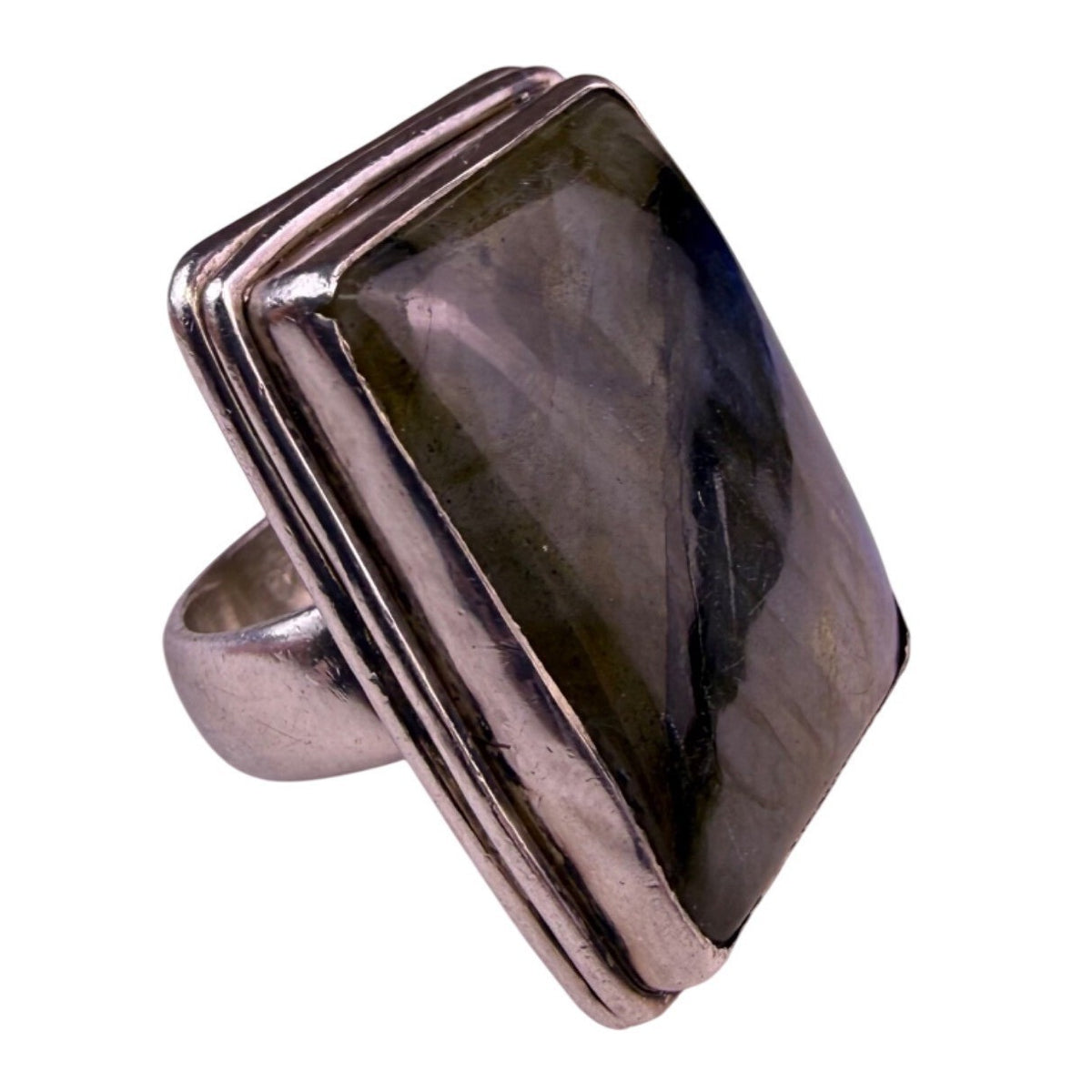 Blue Fire Silver Tone Labradorite Gemstone Ring 925 Stamped Rectangular