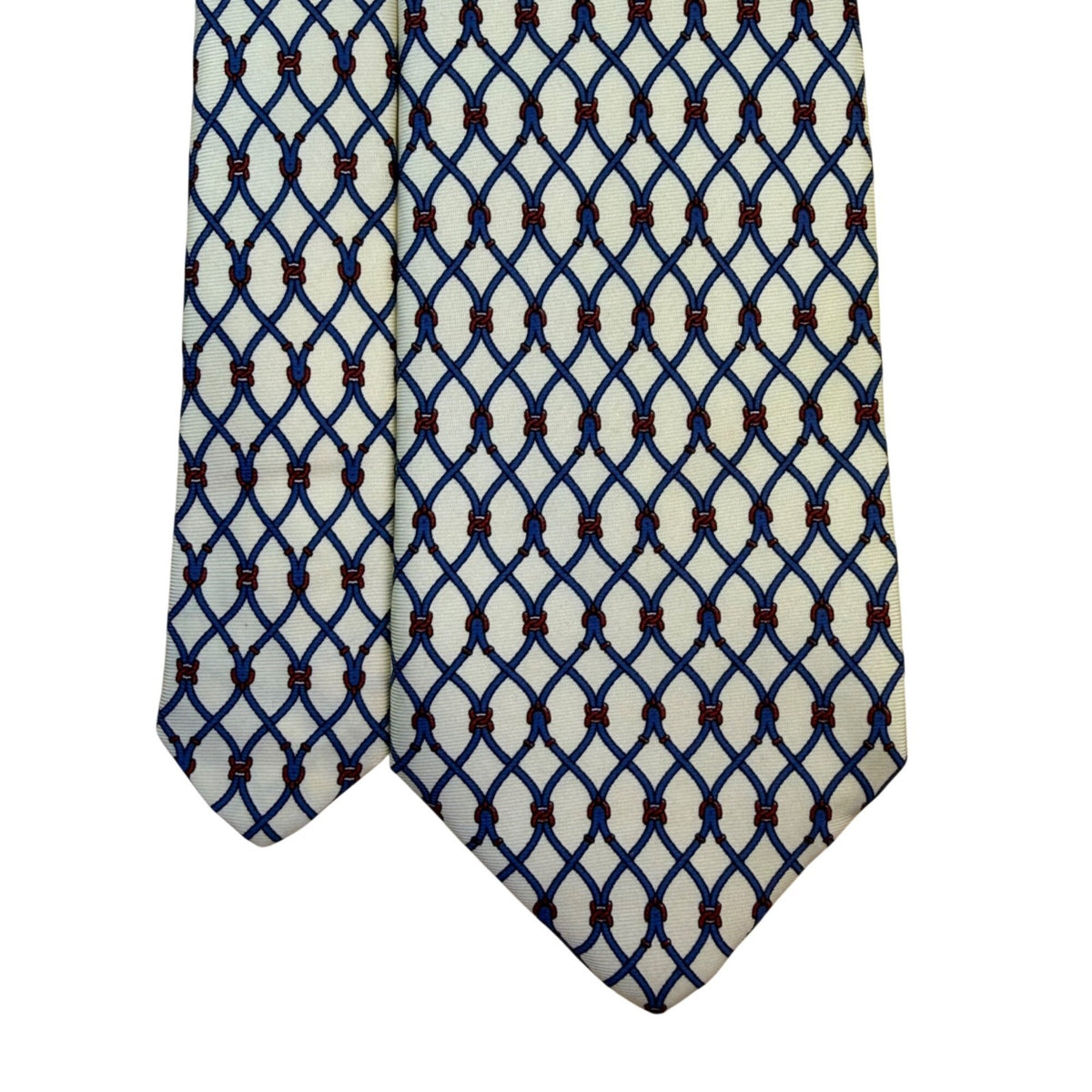 Saint Laurent Mens Ivory & Blue 100% Silk Neck Tie Rope Grid Pattern
