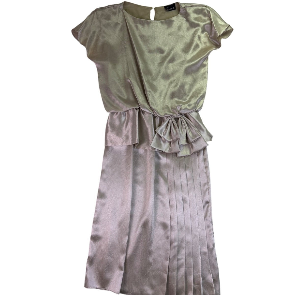 Jamie Womens Champagne Satin Pleated Dress With Bow Detail & Cap Sleeves Size M