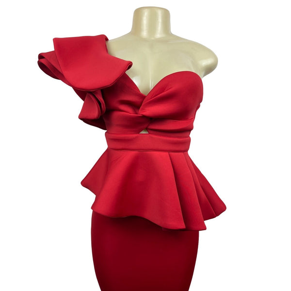 Shein Women’s Red Skirt and One Shoulder Ruffle Blouse Sz XS