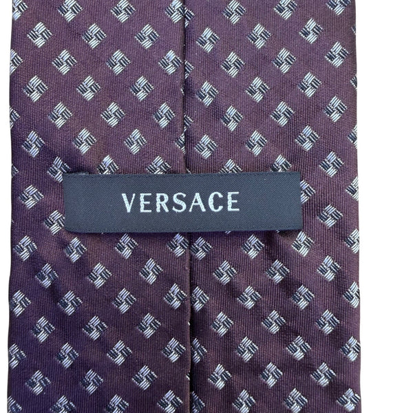 Mens Purple Silk Geometric Pattern Tie With Medusa Logo