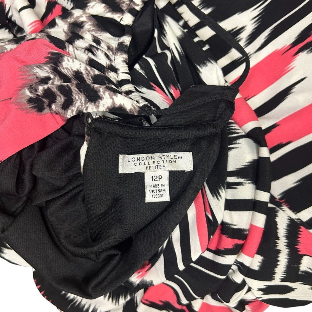 London Style Collection Womens Maxi Dress 12P Pink & Black Abstract Print Sleeve