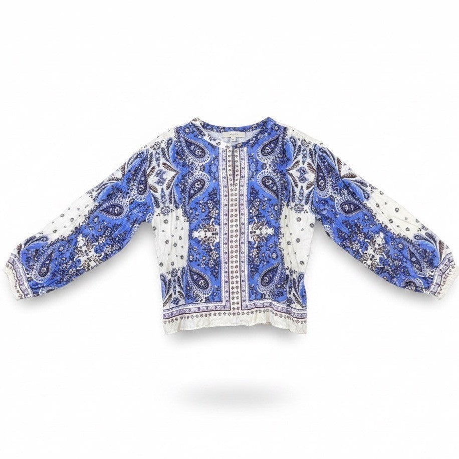 Loft Womens Blue & White Floral Boho Printed Long Sleeve Blouse Lightweight Sz L