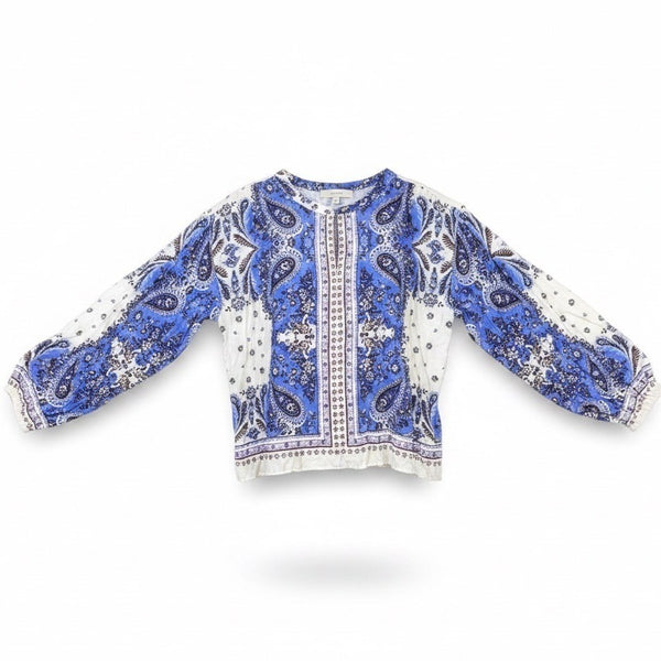 Loft Womens Blue & White Floral Boho Printed Long Sleeve Blouse Lightweight Sz L