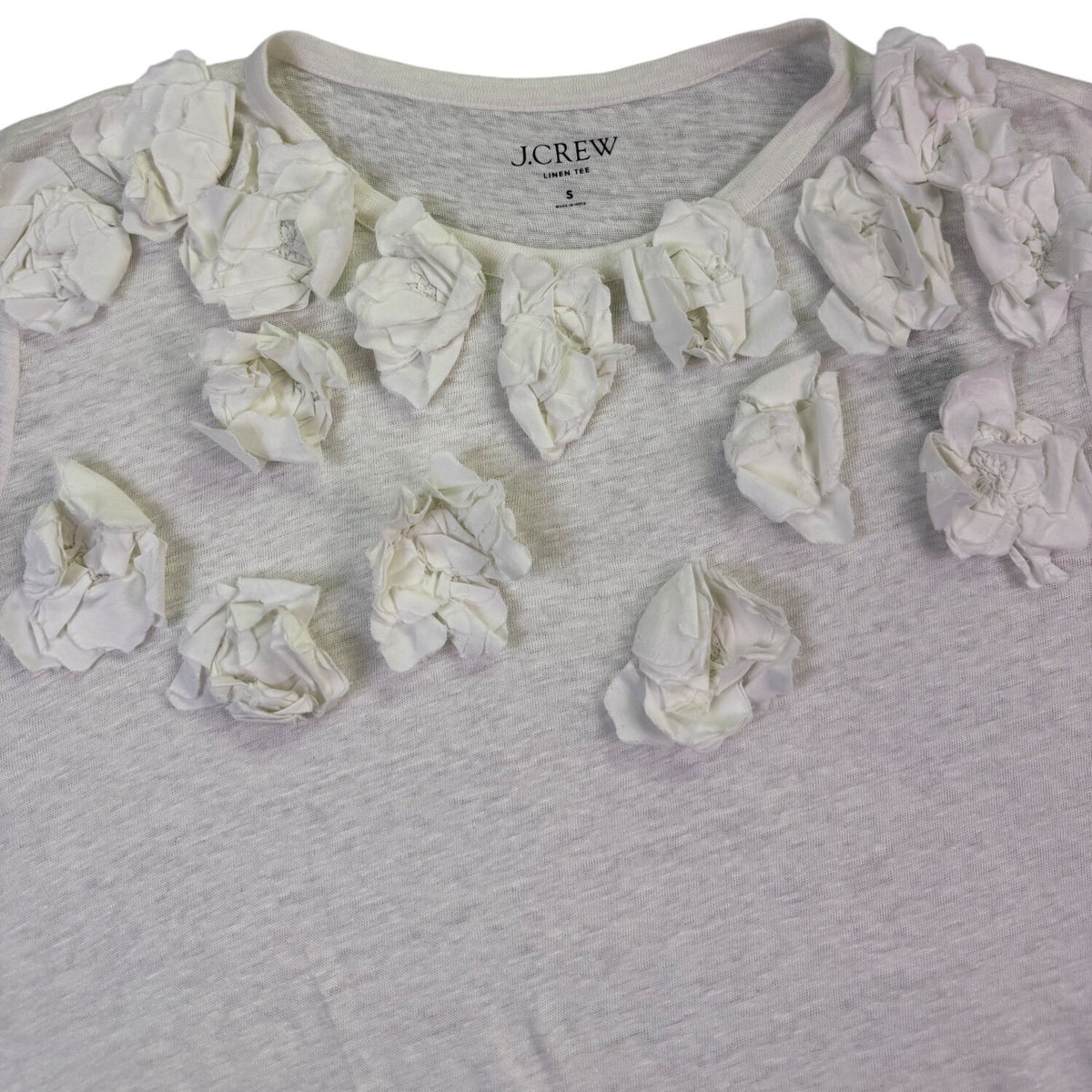 J.Crew Womens White Linen Tee Floral Appliqué Short Sleeve Casual Top Size S