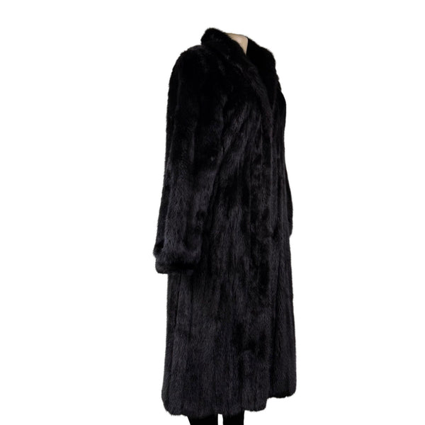 Black Womens Mink Fur Coat Luxury Long Full-Length Button-Up Soft Textured Sz M